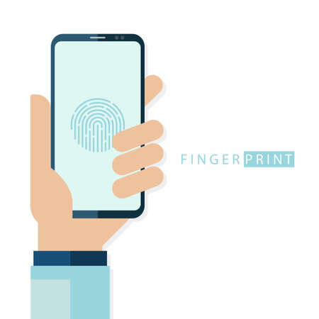 Fingerprint touch ID concept with human hand holding smartphone. Personal access protection technology. Flat design vector illustration.のイラスト素材