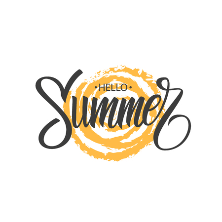 Hello Summer hand drawn lettering phrase with brush stroke sun. Vector illustration.のイラスト素材