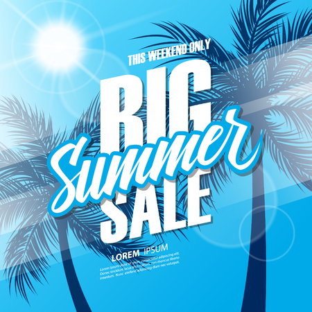 Big Summer Sale. This weekend special offer banner with hand lettering and palm trees for business, promotion and advertising. Vector illustration.のイラスト素材