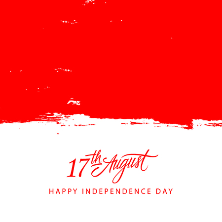 Indonesia Happy Independence Day, 17 august celebration card with indonesian flag brush stroke background and hand lettering text design. Vector illustration.のイラスト素材