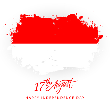 Indonesia Happy Independence Day, 17 august greeting card with Indonesian flag brush stroke background and hand lettering. Vector illustration.のイラスト素材