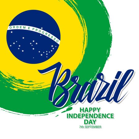Brazil Happy Independence Day celebrate card with brazilian national flag brush stroke background and hand lettering. Vector illustration.のイラスト素材