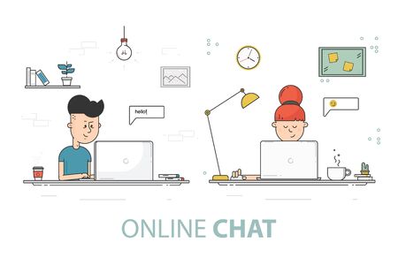 Online chat flat design vector illustration. Young girl and boy with laptop. Social network communication concept.のイラスト素材