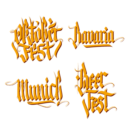 Handwritten words Oktoberfest, Bavaria, Munich, Beer Fest. German Beer Festival hand drawn set. Calligraphic elements for your design. Vector illustration.のイラスト素材