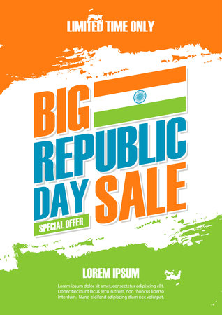 India Republic Day Big Sale poster. Special offer banner in indian national flag colors brush strokes for business, promotion and advertising. Vector illustration.のイラスト素材