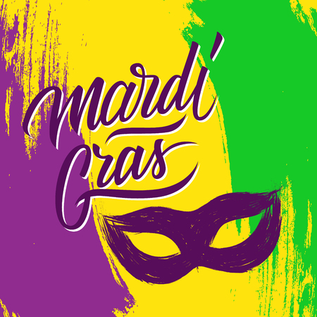 Mardi Gras holiday brush stroke background with calligraphic lettering text design and carnival mask. Fat Tuesday vector illustration.のイラスト素材