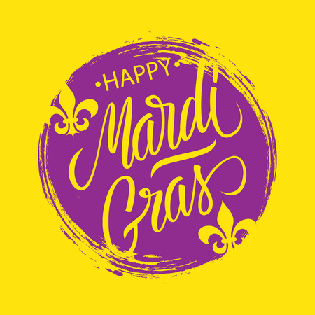 Happy Mardi Gras greeting card with circle brush stroke backgroud and calligraphic lettering text design. Fat Tuesday vector illustration.のイラスト素材