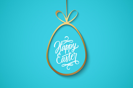 Easter celebrate banner with golden easter egg and handwritten holiday wishes of a Happy Easter on blue background. Vector illustration.のイラスト素材
