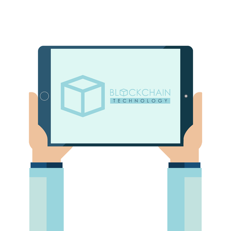 Blockchain technology concept with human hands holding tablet pc. Cryptocurrency data protection technology. Flat design vector illustration.のイラスト素材