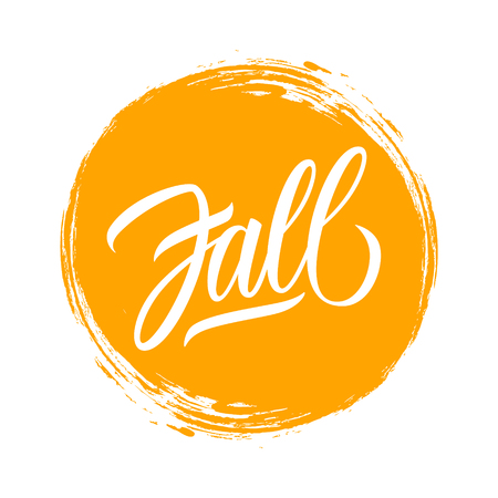 Fall hand drawn lettering text design on circle brush stroke background. Autumn season vector illustration.のイラスト素材