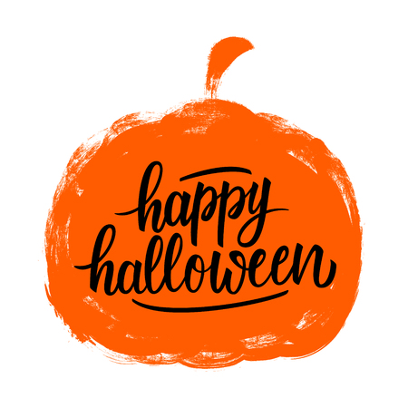 Happy Halloween hand lettering with brush stroke orange pumpkin. Halloween holiday greeting card. Vector illustration.のイラスト素材