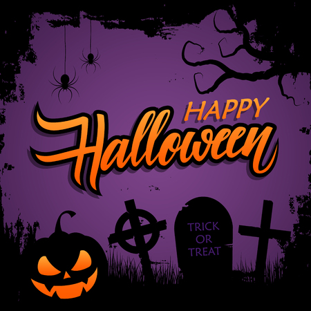 Halloween greeting card with brush stroke background, hand lettering text Happy Halloween and traditional holiday spooky symbols. Vector illustration.のイラスト素材