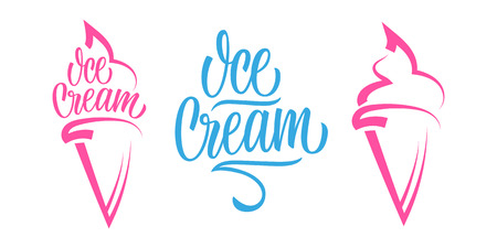 Ice Cream set with handwritten inscription Ice Cream and ice cream cone. Creative template for restaurant, cafe menu, food market, packaging. Vector illustration.のイラスト素材