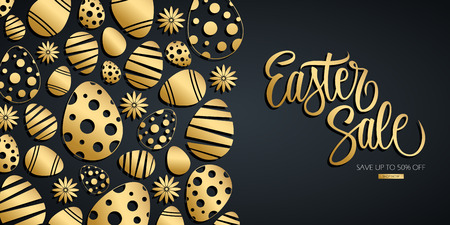 Easter Sale special offer banner with hand drawn lettering and gold colored easter eggs. Discount up to 50% off. Shop now! Vector illustration for Easter holiday shopping.のイラスト素材