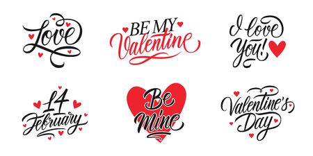 Valentines Day romantic lettering set. Happy Valentine's Day, 14 february holiday greetings. Vector Illustration.のイラスト素材