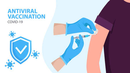 Coronavirus vaccination. Covid-19 prevention. Hands making an injection. Safety measure during coronavirus. Vector illustration.のイラスト素材