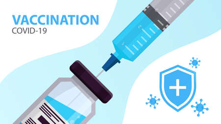 Coronavirus vaccination banner. Covid-19 prevention. Syringe with needle and vaccine bottle. Safety measure during coronavirus. Vector illustration.のイラスト素材
