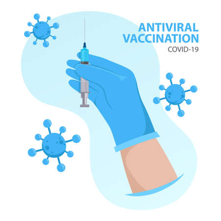 Coronavirus vaccination card. Covid-19 prevention. Hand in medical glove holding vaccine syringe with needle. Safety measure during coronavirus. Vector illustration.のイラスト素材