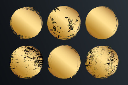 Set of gold circles, grunge, grain, dirty brush strokes. Grungy effect, golden creative elements for your design. Vector illustration.のイラスト素材