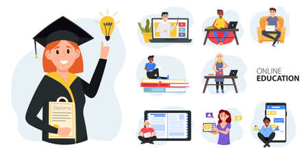 Online education, home schooling. E-learning set. Training and courses, learning, video tutorials, professional personal teacher. Vector illustration.のイラスト素材