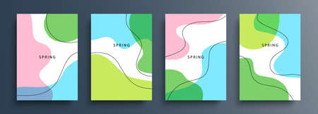 Springtime backgrounds with various dynamic liquid shapes and black outlines for your creative graphic design. Spring season collection. Vector illustration.のイラスト素材