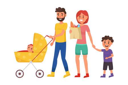 Happy family lifestyle. Children and parents everyday life. Family together on a walk. Lifestyle scene. Vector illustration.のイラスト素材