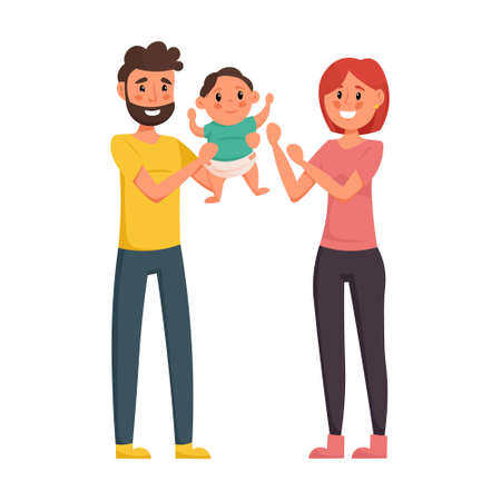 Mother and father holding their little son. Isolated on white background. Vector illustration.のイラスト素材