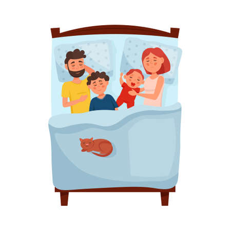 Family are sleeping together. Happy family lifestyle. Children and parents everyday life. Lifestyle scene. Vector illustration.のイラスト素材