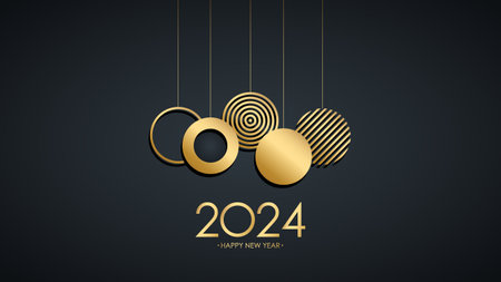 2024 Happy New Year celebration banner. Golden Christmas balls. Black and gold colors. Vector illustration.のイラスト素材