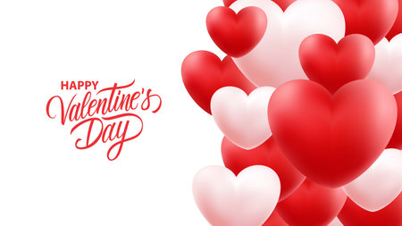 Happy Valentine's Day. Romantic festive background with 3d red and pink hearts and hand lettering. Valentines Day holiday greetings. Vector Illustration.のイラスト素材