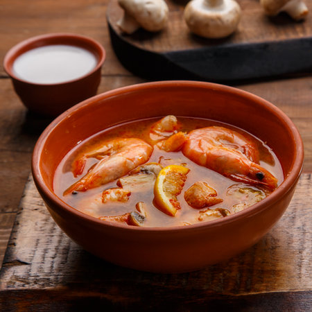 Tom yam soup with shrimps and coconut milk in a plate.の写真素材