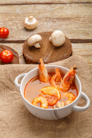 Tom yam soup with shrimps and coconut milk in a tureen.の写真素材