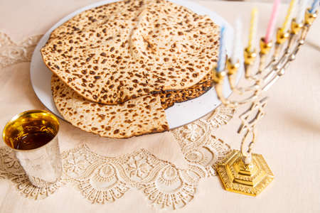 Matzah on the table for the Passover Seder symbols of Judaism.の写真素材