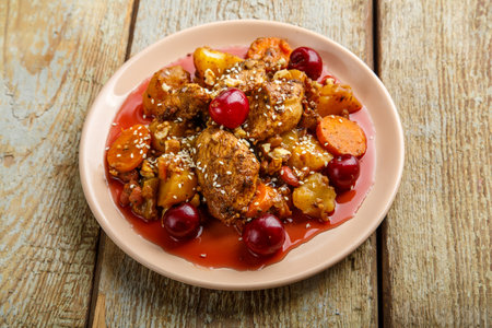 Jewish dish stewed potatoes with chicken in cherry sauce decorated with cherries.の写真素材