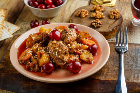 Jewish dish stewed potatoes with chicken in cherry sauce decorated with cherries on a stand next to a fork and ingredients. Horizontal photoの写真素材