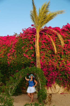 A brunette woman in a white skirt and a sun hat stands by the blooming green plants near the arch.の写真素材