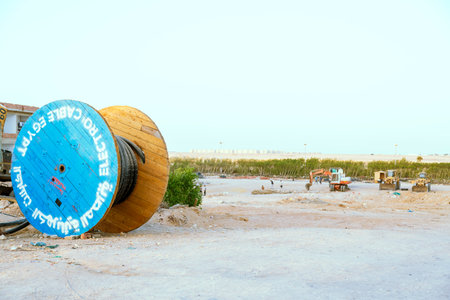 Egypt, Sharm El Sheikh, August 30, 2021 A reel with a power electric cable at a construction site in...