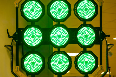 Professional spotlight lighting fixtures halogen green light sample. horizontal photo