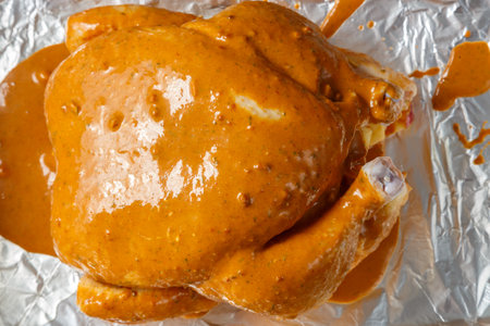 chicken carcass stuffed with pear in soy sauce with spices on foil ready for baking close-up. horizontal photoの写真素材