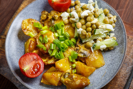 Baked potatoes with cheese and ribs garnished with cherry tomatoes and green peas sprinkled with green onions in a plate close-up. horizontal photoの写真素材