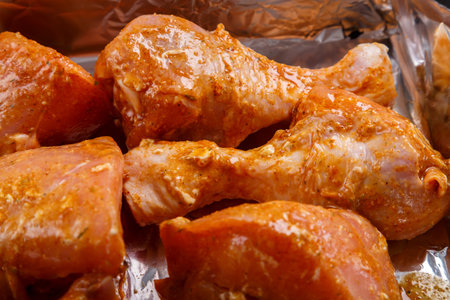 chicken drumsticks marinated in soy sauce and spices on foil. horizontal photo.の写真素材
