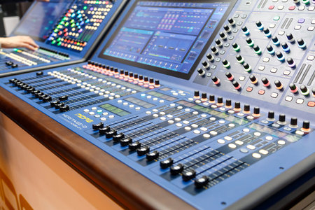 The stage light control panel is an illustrative editorial sample standing at the exhibition. horizontal photoのeditorial素材