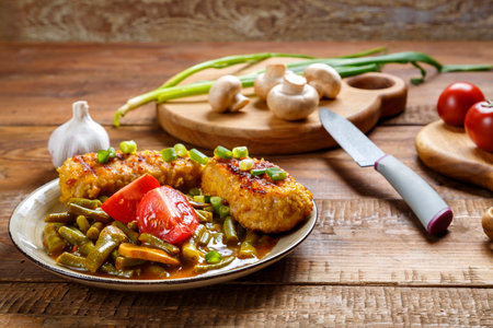 Green beans with champignons and homemade cutlets sprinkled with green onions in a plate on a wooden table next to vegetables and a knife. horizontal photoの写真素材