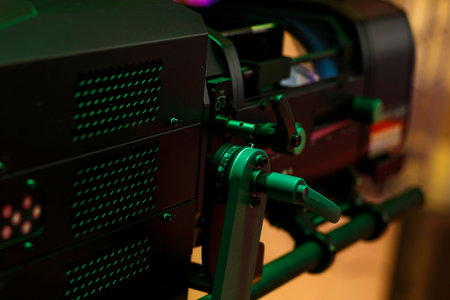 Professional lighting fixtures on a pole above the stage with all the equipment. horizontal photo