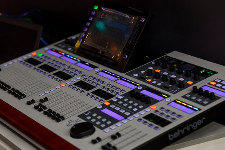 The stage light control panel is an illustration of an editorial behringer standing at the exhibition. horizontal photoのeditorial素材