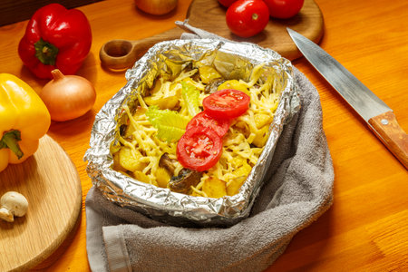 A card baked under cheese decorated with tomatoes on foil in the form on a wooden table next to vegetables, onions, tomatoes and a knife. horizontal photoの写真素材