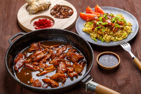 Fried chicken pieces in soy and pad thai sauce in a pan on the table with other food. horizontal photoの写真素材