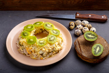 Layered salad with chicken and kiwi next to quail eggs kiwi and a knife on a gray table. horizontal photoの写真素材