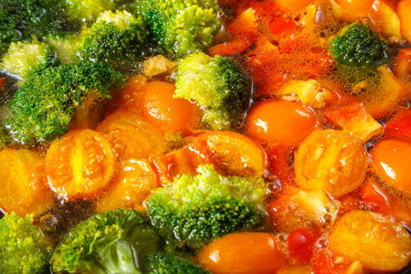 Stewed vegetables bright beans broccoli tomatoes stewed with spices close-up. horizontal photo