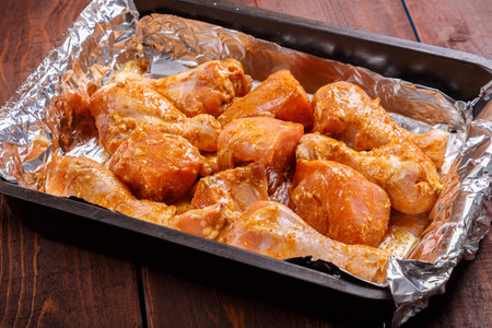 chicken drumsticks in sauce and spices marinated on foil on a baking sheet on a wooden table. horizontal photoの写真素材